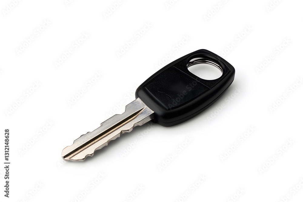 Unique car key design with sleek black handle and shiny metal blade resting on white surface Unique car key design with sleek black handle and shiny metal blade resting on white surface