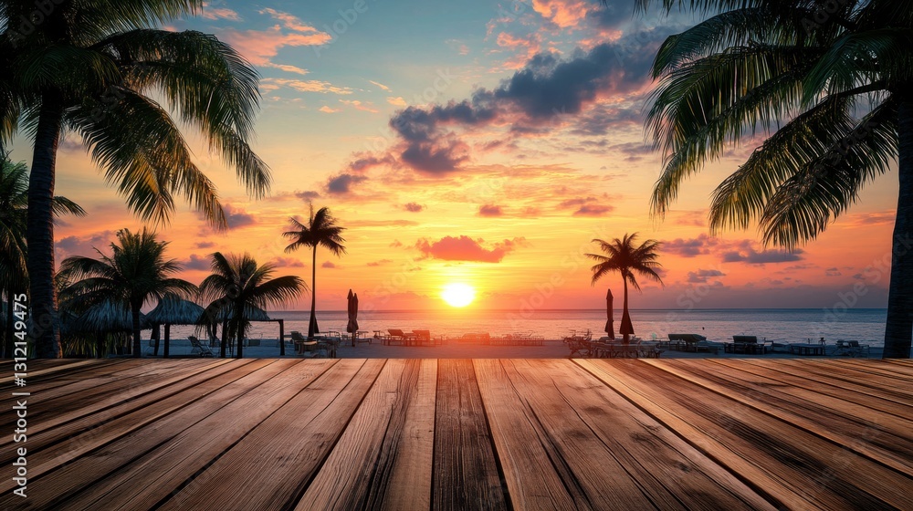 A tropical summer sunset beach bar features an outdoor restaurant with LED light candles and wooden tables and chairs. A tropical summer sunset beach bar features an outdoor restaurant with LED light candles and wooden tables and chairs.