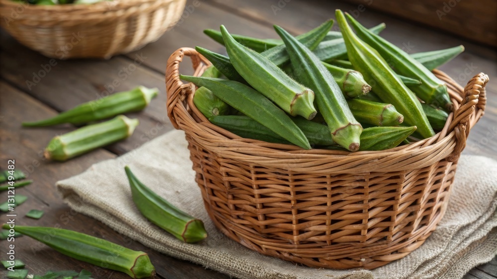 Harvesting fresh okra in a wicker basket local farm food photography rustic setting close-up view vibrant produce for seo impact Harvesting fresh okra in a wicker basket local farm food photography rustic setting close-up view vibrant produce for seo impact
