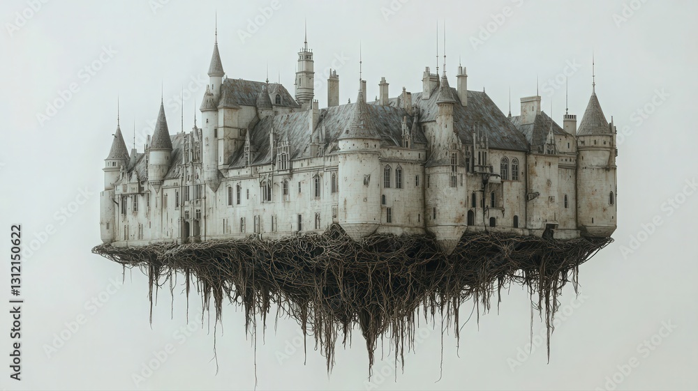 Obraz premium Pixelated Floating Castle Illustration on Light Background
