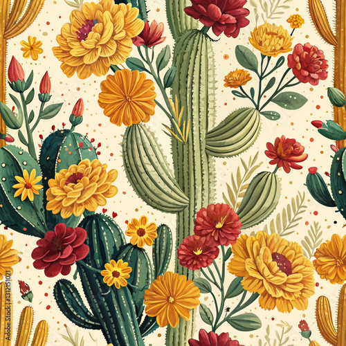 Seamless Fiesta Floral Background with Vibrant Cacti and Marigold Flowers in Bright Yellows and Reds  