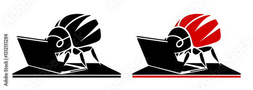 Ladybug bug on laptop represents coding programming computer bugs, errors, vector icon or logo