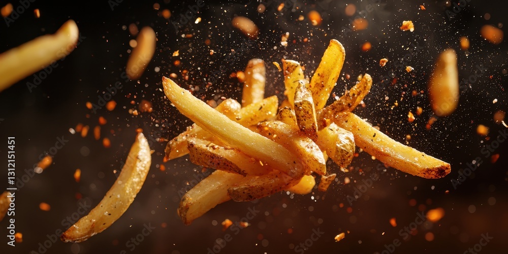 Floating French fries with crispy seaweed flakes splashes on a smoky dark brown background Floating French fries with crispy seaweed flakes splashes on a smoky dark brown background