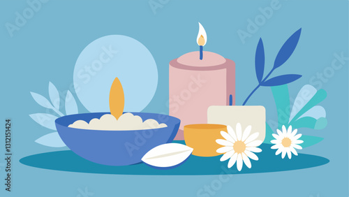 Spa Setting A tranquil spa scene featuring a bowl of exfoliating scrub candles and fresh flowers evoking relaxation and rejuvenation.