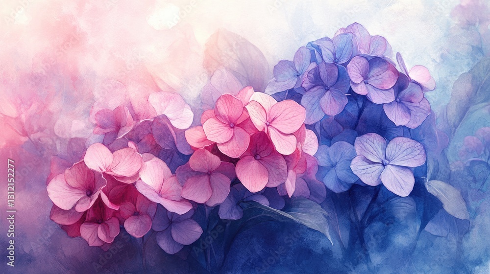 Obraz premium Beautiful hydrangea flowers blossom in gentle shades of blue, pink, and purple, perfect for spring occasions like weddings and Mother's Day celebrations