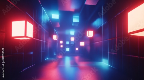 Surreal glowing cubes levitating in a futuristic dark room generative ai