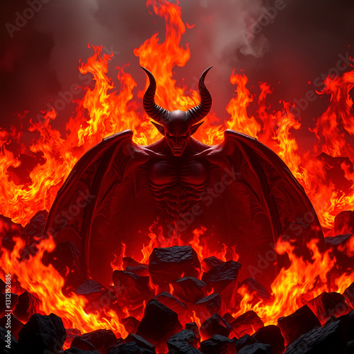 Concept of hell. Fierce flames and raging fire surround a representation of the devil at the center. Ai generated