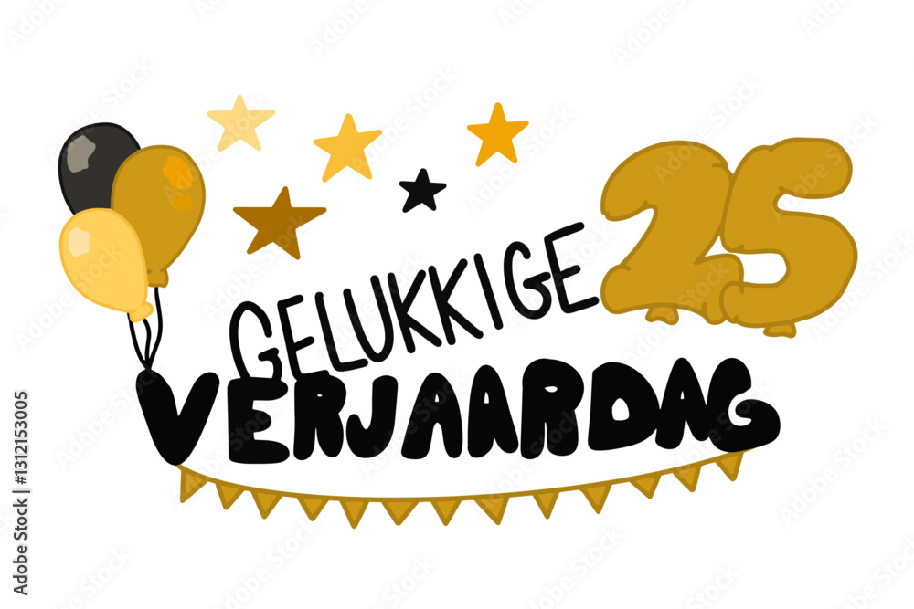 Gelukkige Verjaardag vector met banners, ballonnen, sterren en het getal 25