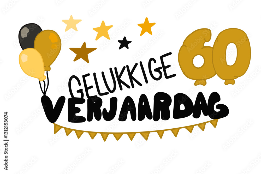 Gelukkige Verjaardag vector met banners, ballonnen, sterren en het getal 60