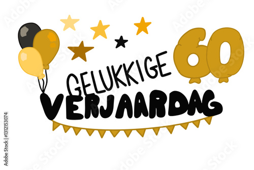Gelukkige Verjaardag vector met banners, ballonnen, sterren en het getal 60