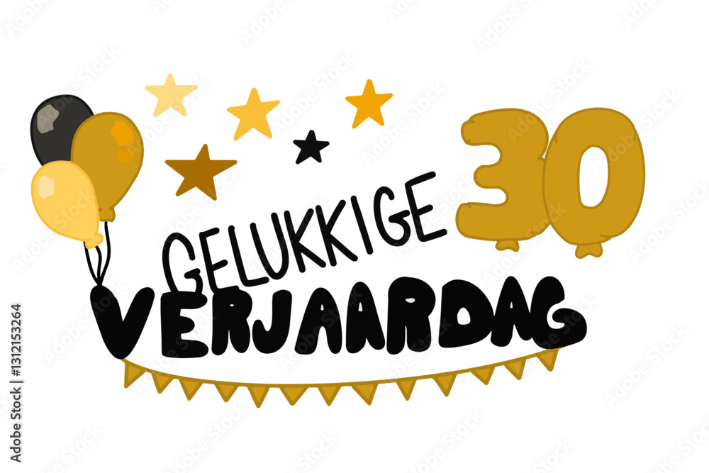 Gelukkige Verjaardag vector met banners, ballonnen, sterren en het getal 30