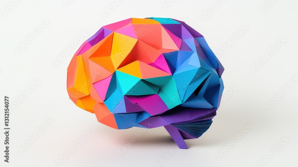 A vibrant and colorful human brain crafted in origami paper cut style, set against a clean white background. A vibrant and colorful human brain crafted in origami paper cut style, set against a clean white background.