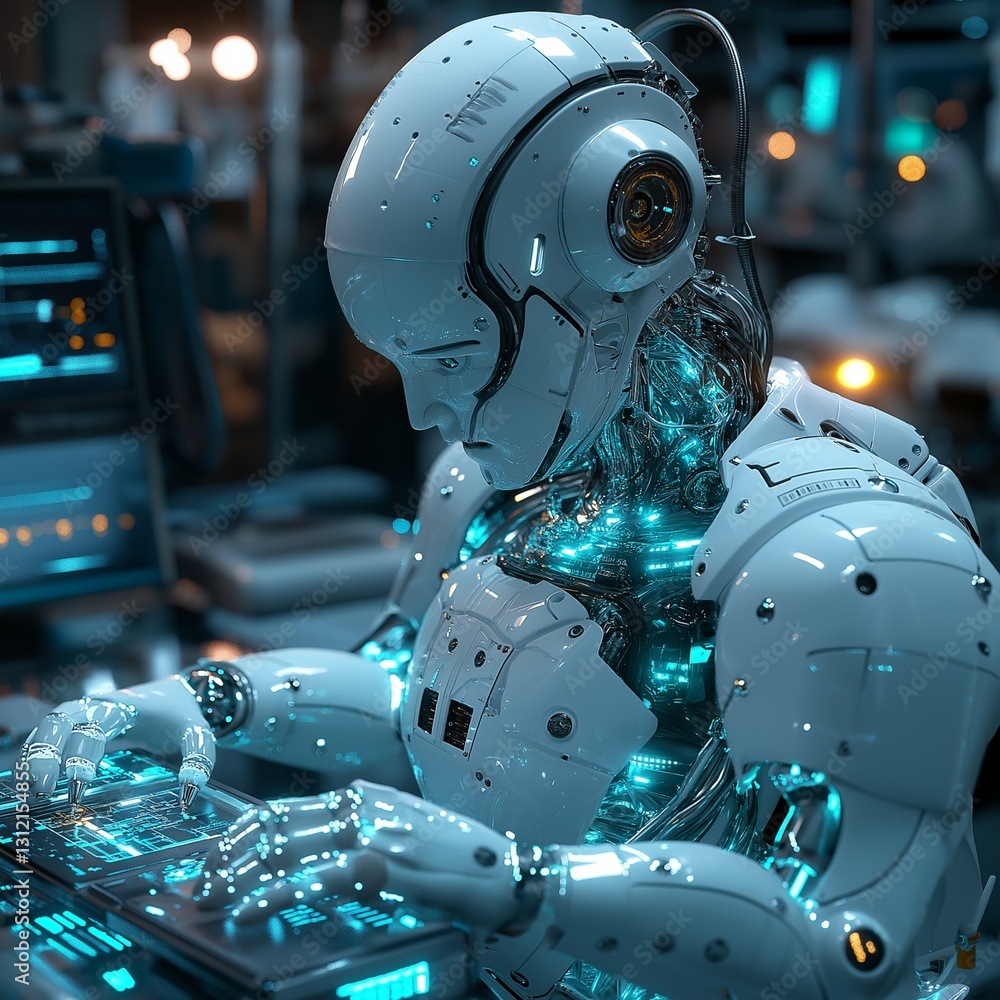 Fototapeta premium Futuristic humanoid robot with glowing blue circuits working on a high-tech interface, symbolizing advanced artificial intelligence, robotics, and the future of technology