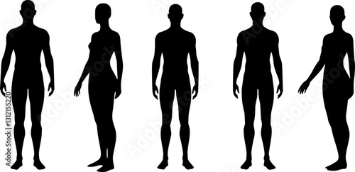 Man and woman human body silhouette, outline figure, patient front view contour. Isolated vector monochrome male and female person shapes, standing full height. Bare and naked slim healthy people