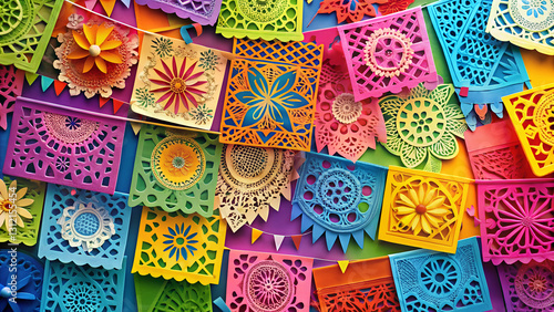 3d illustration: Colorful Papel Picado Background with Intricate Cut-Out Designs in Bold Colors and Traditional Feel with Copy Space  