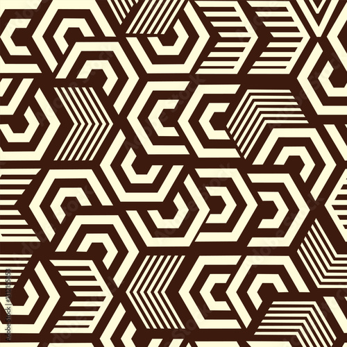 Geometric Hexagonal Abstract Seamless Pattern in Brown and Cream