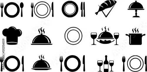 Food icons set, plate, fork, knife and spoon, set logotype menu, cutlery icon, tableware sign, catering icons, restaurant signs
