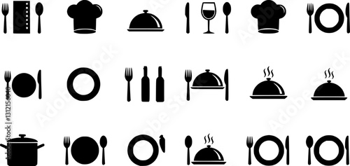 Food icons set, plate, fork, knife and spoon, set logotype menu, cutlery icon, tableware sign, catering icons, restaurant signs
