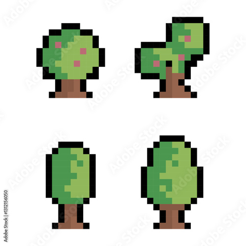 Pixel art trees in 8-bit style, pixelated trees, tree icons set, Trees set, pixel art style, Game assets, 8-bit, retro game, 8-bit tree collection, pixelated nature sprites, Pixel art tree set.