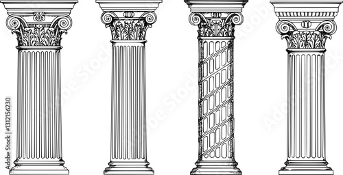 Line Greek pillars and Roman columns, ancient architecture and antique buildings, vector icons. Greece or Rome architecture column pillars of marble stone in line art with pilasters and ornate cornice