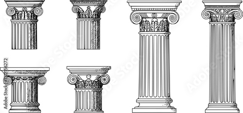 Line Greek pillars and Roman columns, ancient architecture and antique buildings, vector icons. Greece or Rome architecture column pillars of marble stone in line art with pilasters and ornate cornice