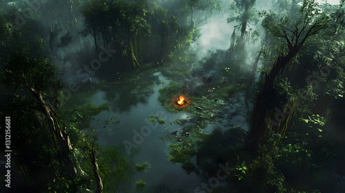 Mystical Swamp Fire Aerial View of a Campfire in a Foggy Jungle