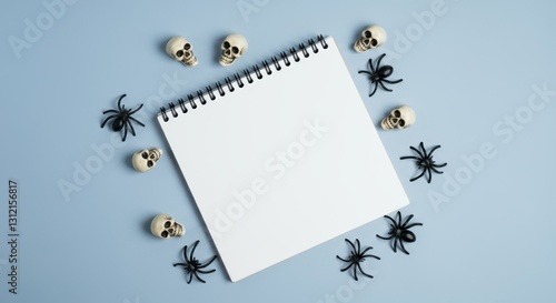 Halloween-themed notepad with skulls and spiders on a blue background
