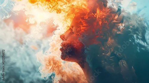 Video of a profile surrounded by swirling smoke in orange and blue tones, on a soft, dreamy background Concept of joy and nature, mental health and emotional intelligence