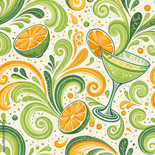 Seamless Margarita Splash Background with Refreshing Green and Orange Swirls and Summery Vibe  