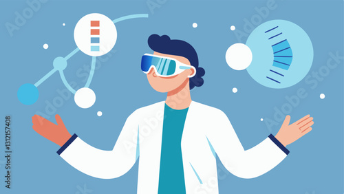 Virtual Experimentation A scientist using augmented reality glasses to manipulate gene sequences with virtual tools floating in the air around them.