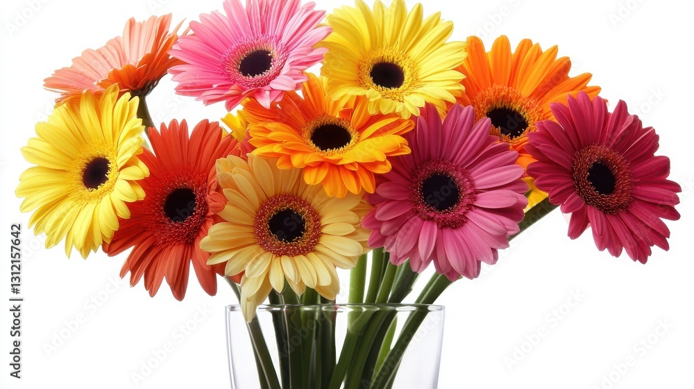 A vibrant bouquet of assorted flowers arranged in a clear glass vase, isolated on a white background. A vibrant bouquet of assorted flowers arranged in a clear glass vase, isolated on a white background.