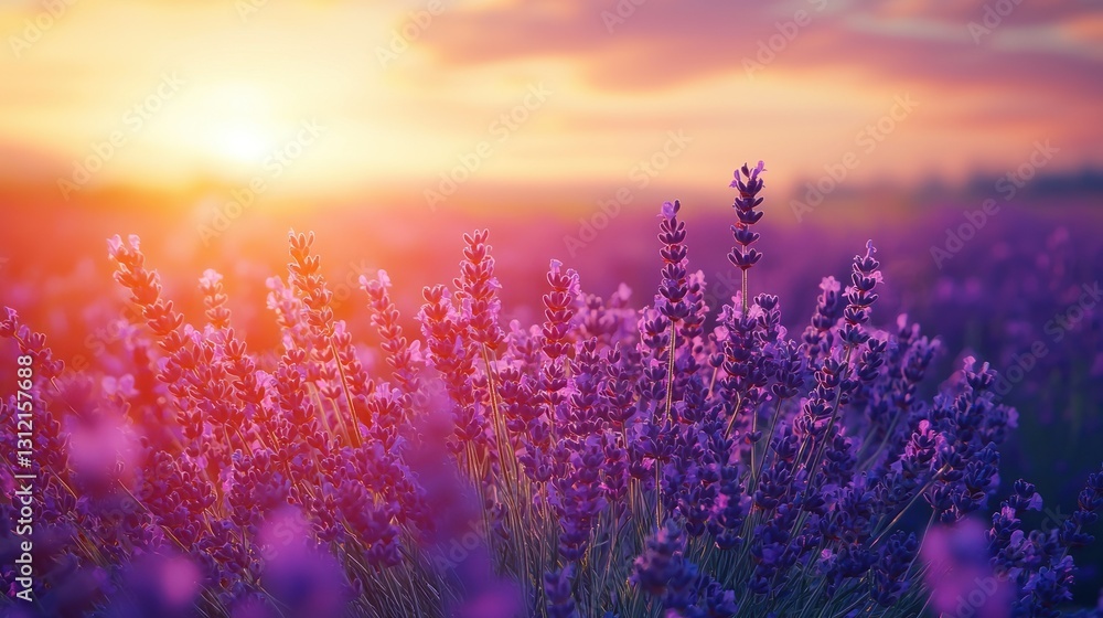 Obraz premium Lavender field sunset, vibrant colors, peaceful scene, perfect for relaxing backgrounds
