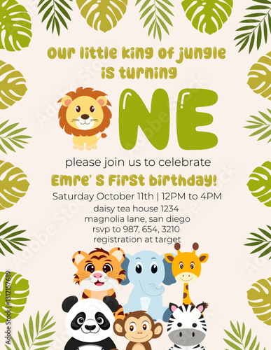 Birthday invitation card vector template. Safari birthday Party theme with animals and leaves.