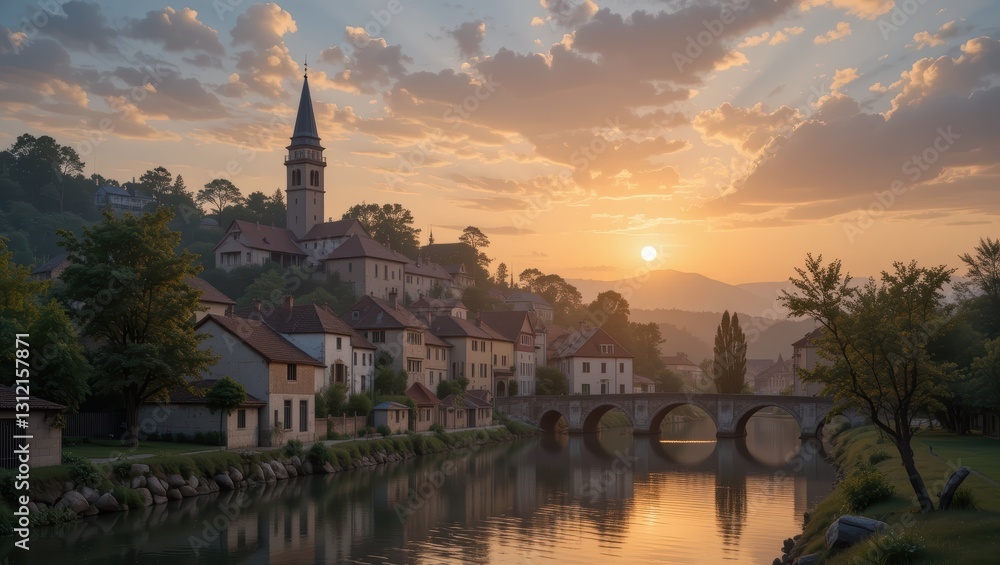 Obraz premium Charming Village at Sunrise with River Reflection and Historic Architecture in Tranquil Landscape