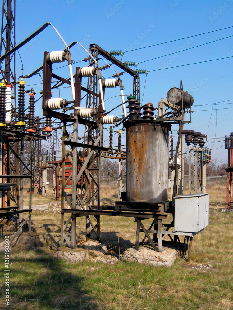 110/35 kV substation - old electrical equipment of substations of the USSR, Ukraine (AI upscaled photo). 110/35 kV substation - old electrical equipment of substations of the USSR, Ukraine (AI upscaled photo).