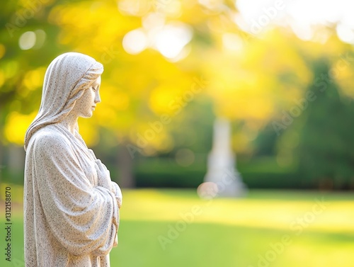 Beautiful statue of a woman depicting a protective mother in a serene setting with depth of field highlighting details photo