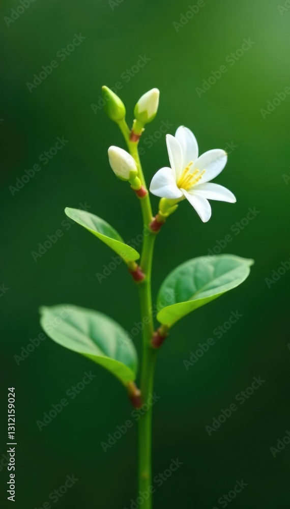 Fototapeta premium Freshly sprouted jasmine twig with tiny green leaves and delicate white flowers, floral, jasmine