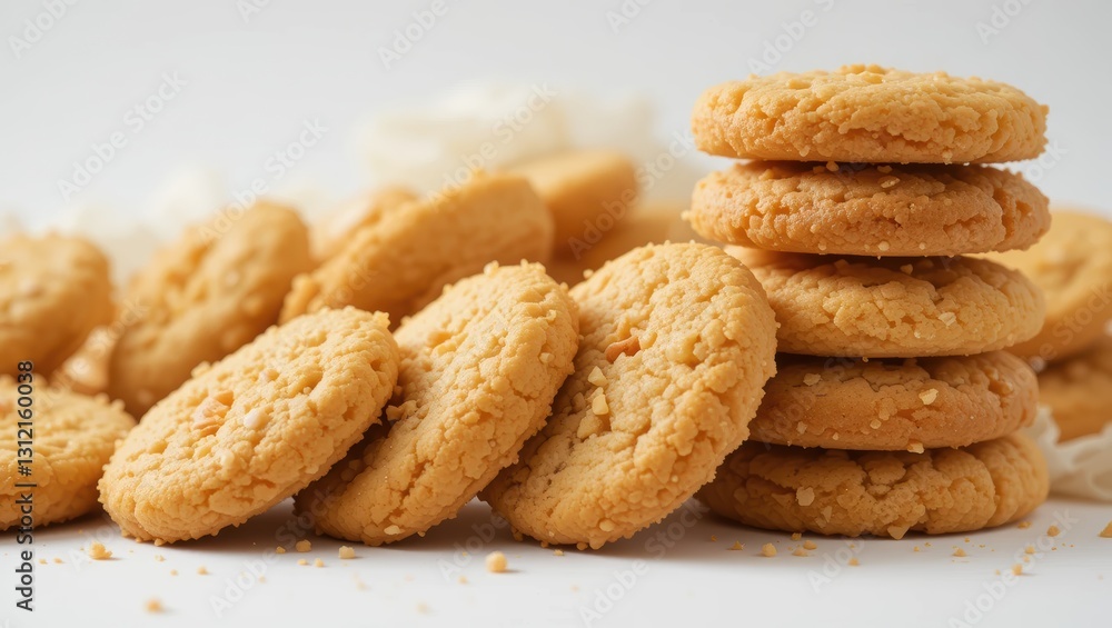 Piled Assortment of Golden Brown Cookies with Soft Texture on White Background Piled Assortment of Golden Brown Cookies with Soft Texture on White Background