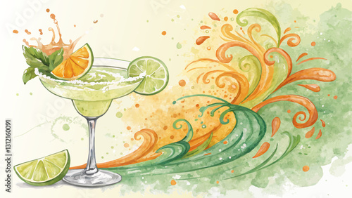Margarita Splash Watercolor Background with Refreshing Green and Orange Swirls and Summery Vibe with Copy Space  