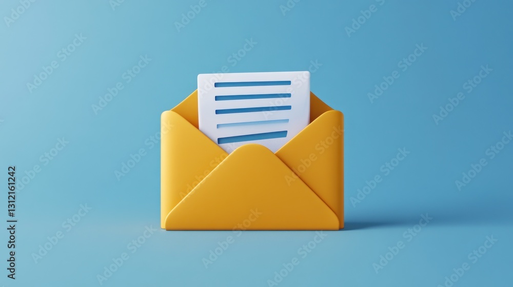 Open Envelope with Document on Light Blue Background Open Envelope with Document on Light Blue Background