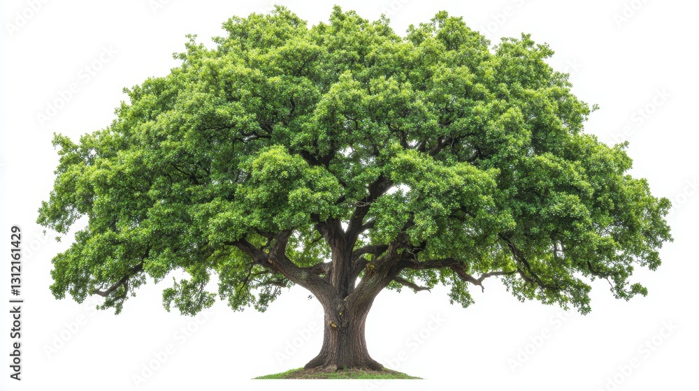 Obraz premium A vibrant green oak tree isolated on a white background, showcasing its robust trunk and expansive canopy.