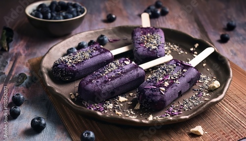 Exotic Blueberry Acai Popsicles with Superfood Elements Deep purple acai popsicles sprinkled 2