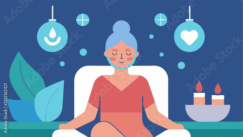 Wellness Space A serene room with soft lighting where a person reclines in a spa chair wearing an infrared face mask with aromatic candles and calming decorations.