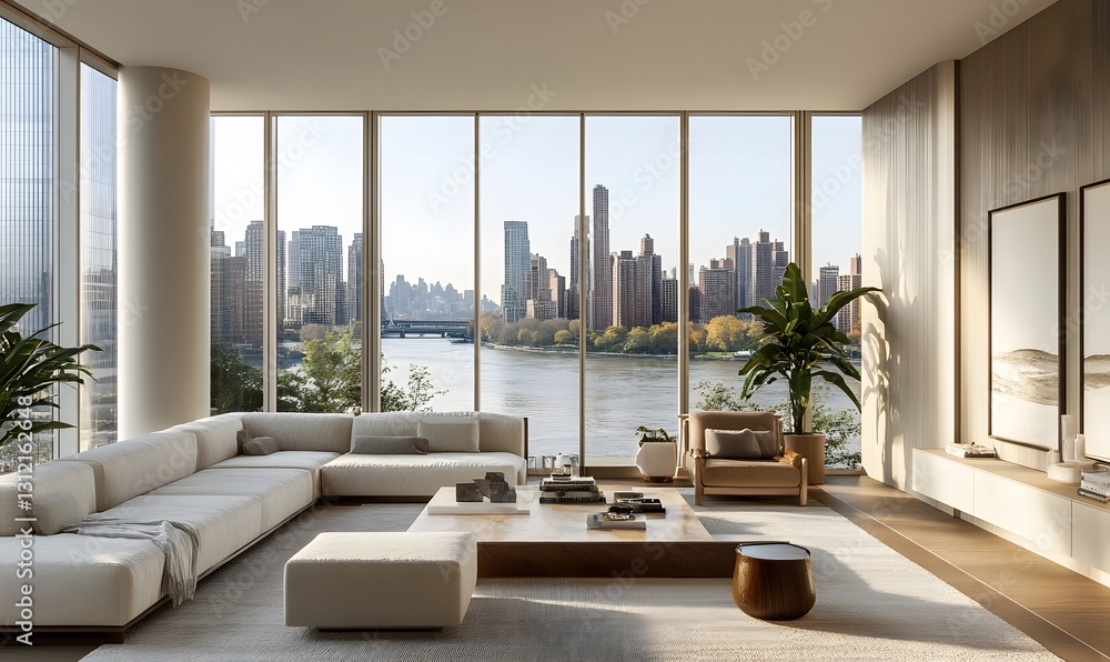 Fototapeta premium Modern Living Room with Panoramic City View and Natural Light Flowing through Windows