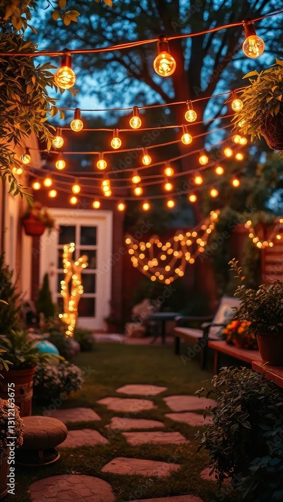 Fototapeta premium Cozy backyard illuminated by soft string lights, festive, warm, evening