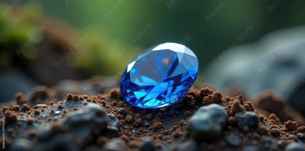 Deep blue sapphire crystal nestled in earthy terrain, serene landscape, natural background Deep blue sapphire crystal nestled in earthy terrain, serene landscape, natural background