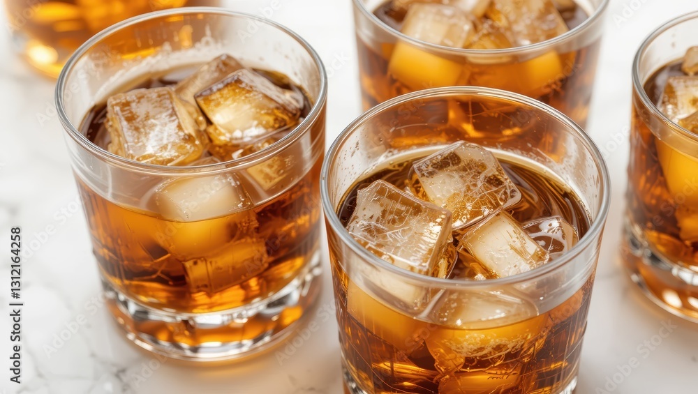 Freshly Poured Whiskey On The Rocks In Elegant Glasses With Ice Cubes On A Marble Tabletop Freshly Poured Whiskey On The Rocks In Elegant Glasses With Ice Cubes On A Marble Tabletop