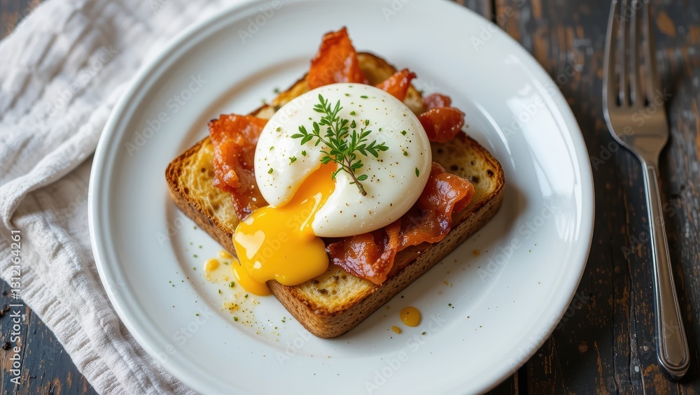 Gourmet Poached Egg with Crispy Bacon on Toast Served on a Rustic Wooden Table Gourmet Poached Egg with Crispy Bacon on Toast Served on a Rustic Wooden Table