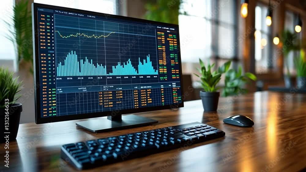 Stock Market Analysis: A modern workstation with a computer displaying stock market charts, keyboard, and mouse, signifying the analysis and tracking of financial data. Stock Market Analysis: A modern workstation with a computer displaying stock market charts, keyboard, and mouse, signifying the analysis and tracking of financial data.