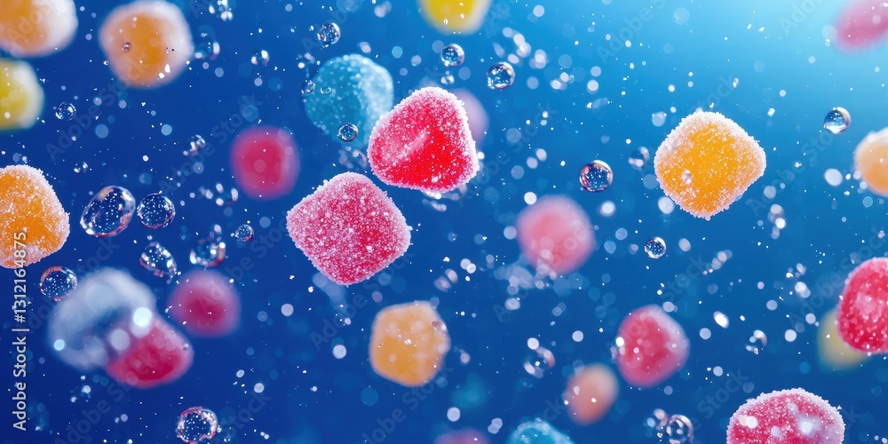 Floating gumdrops with sugar coating on a deep royal blue background Floating gumdrops with sugar coating on a deep royal blue background